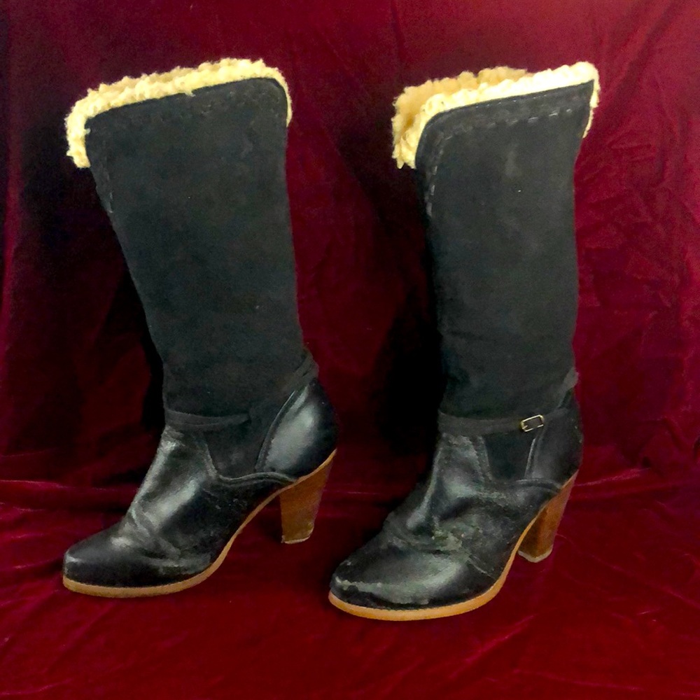 Imperial black suede leather boots lined with lambs wool 3” heel. Girls size 3.5